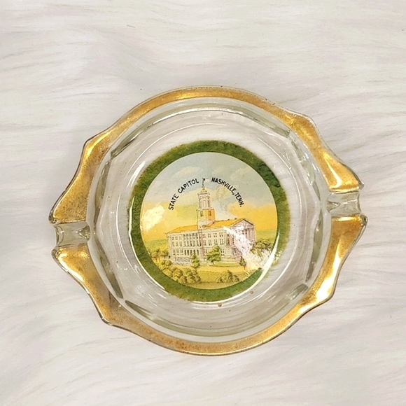 Vintage Tennessee Nashville State Capital Gold Tone Crystal Ashtray Felt Bottom - Picture 3 of 12